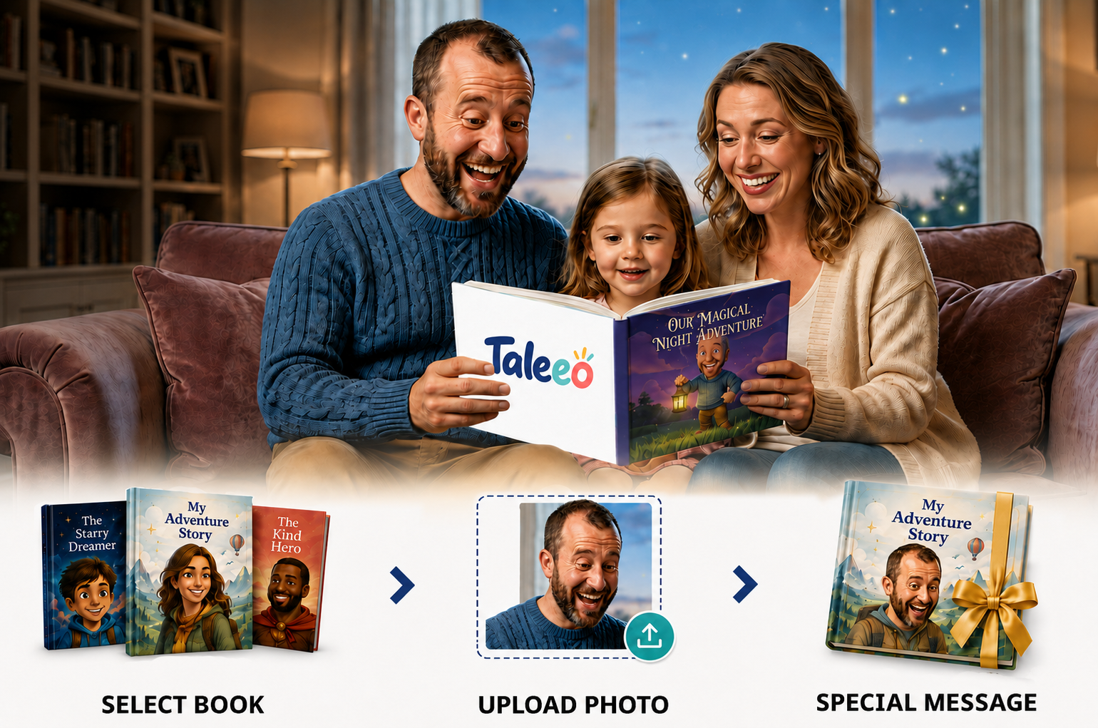 A family reading a personalised Taleeo storybook together